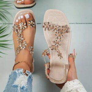 Crystal Floral Flat Sandals Size 9